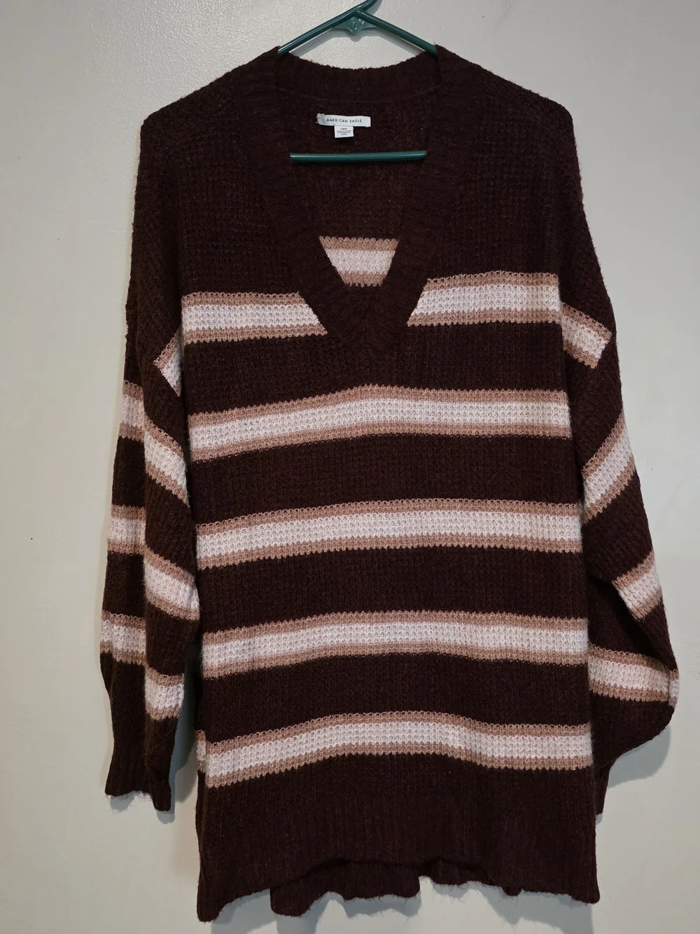 American Eagle Burgundy Striped Chunky Knit V-Neck Oversized Dolman Sweater L